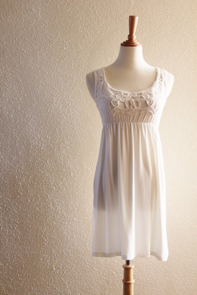 Sweet Vintage Cotton Flowing White Top Lace Mini Babydoll Dress