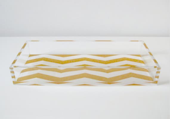 Large Single Compartment Chevron Lucite Tray - Gold/White Holiday 2011