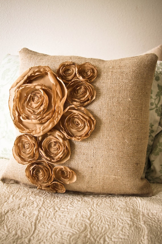 18x18 inch autumn inspired burlap pillow with gold fabric flowers