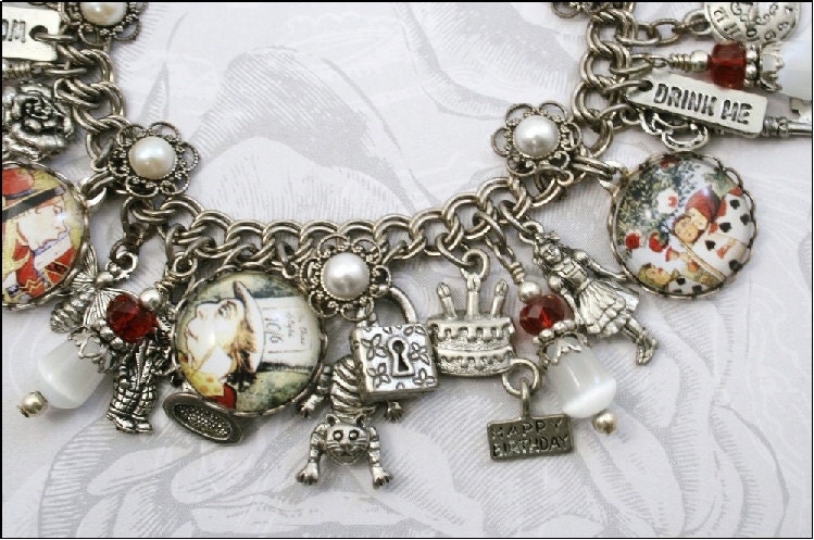 Alice in Wonderland, Drink Me, Vintage Inspired Charm Bracelet, Round Charms
