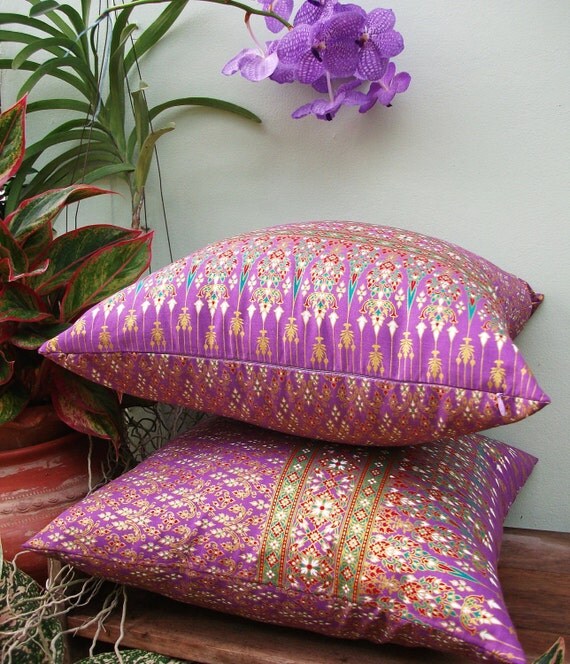 Purple  and Gold Thai Painting sofa Throw decorative pillow cushion covers 18 inches