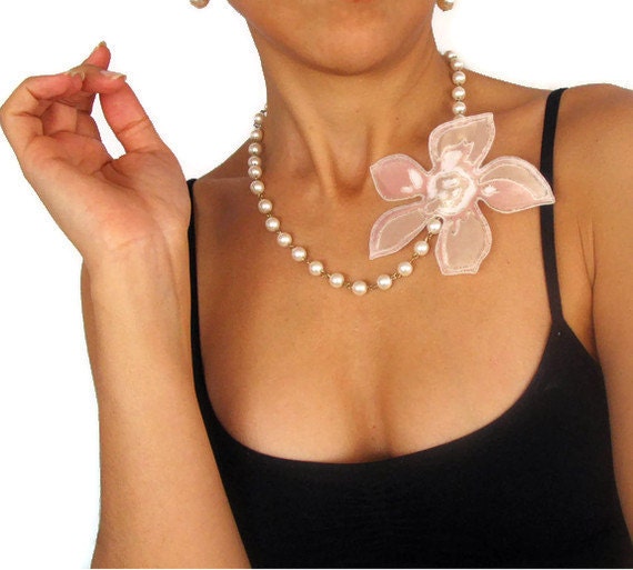Pearl Necklace Blush Flower Fabric Stylish OOAK Bridal Handmade OOAK Glam