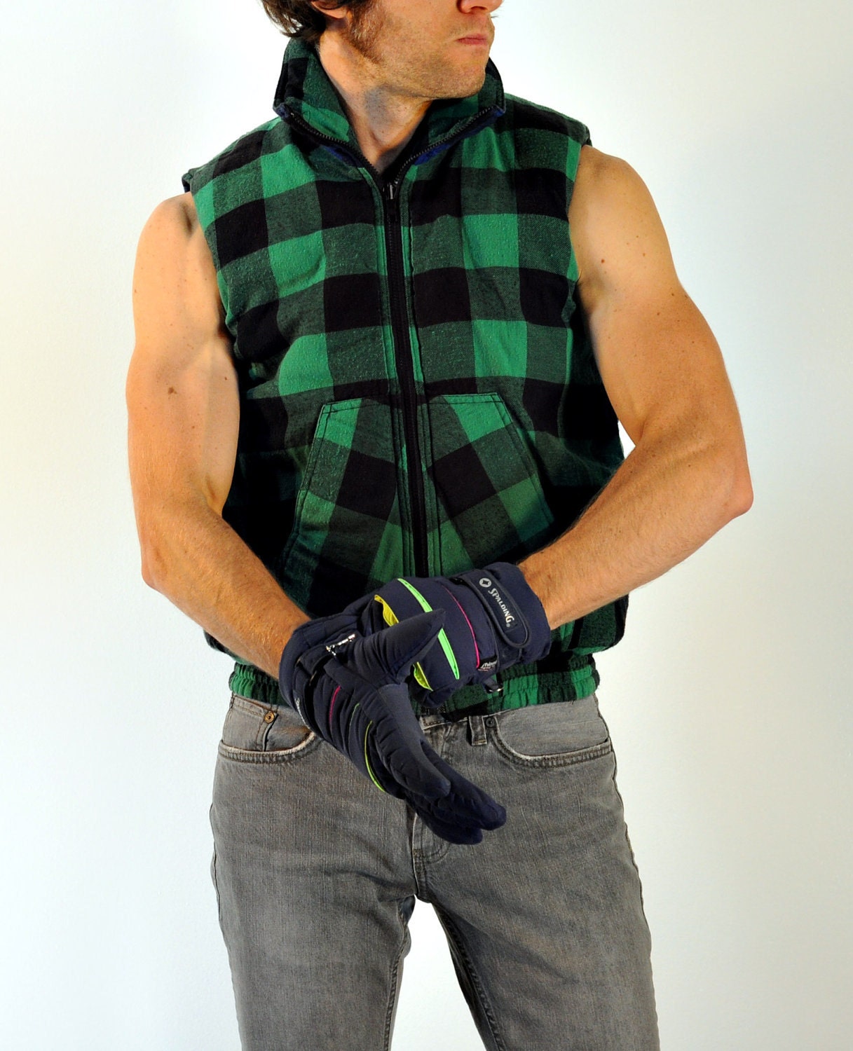 80s Buffalo Check Lumberjack Vest REVERSIBLE Green Blue Plaid Gingham Checkered