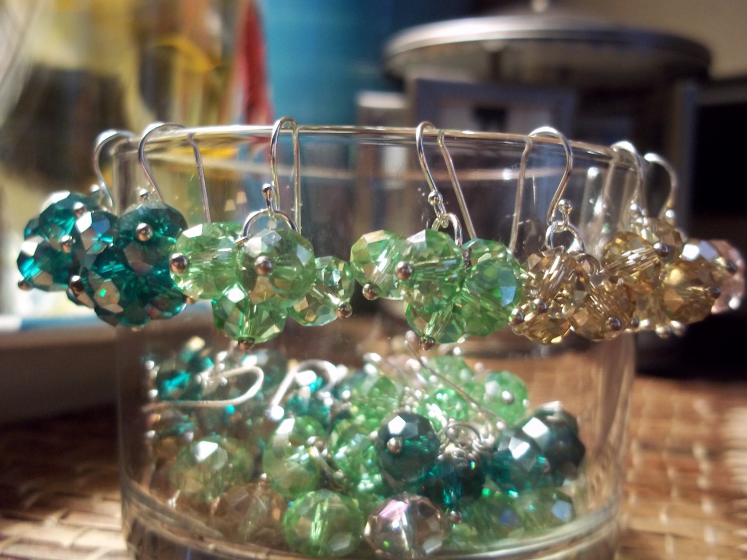 Drops of crystal earrings Aurora Borealis crystal Peacock .925 sterling silver