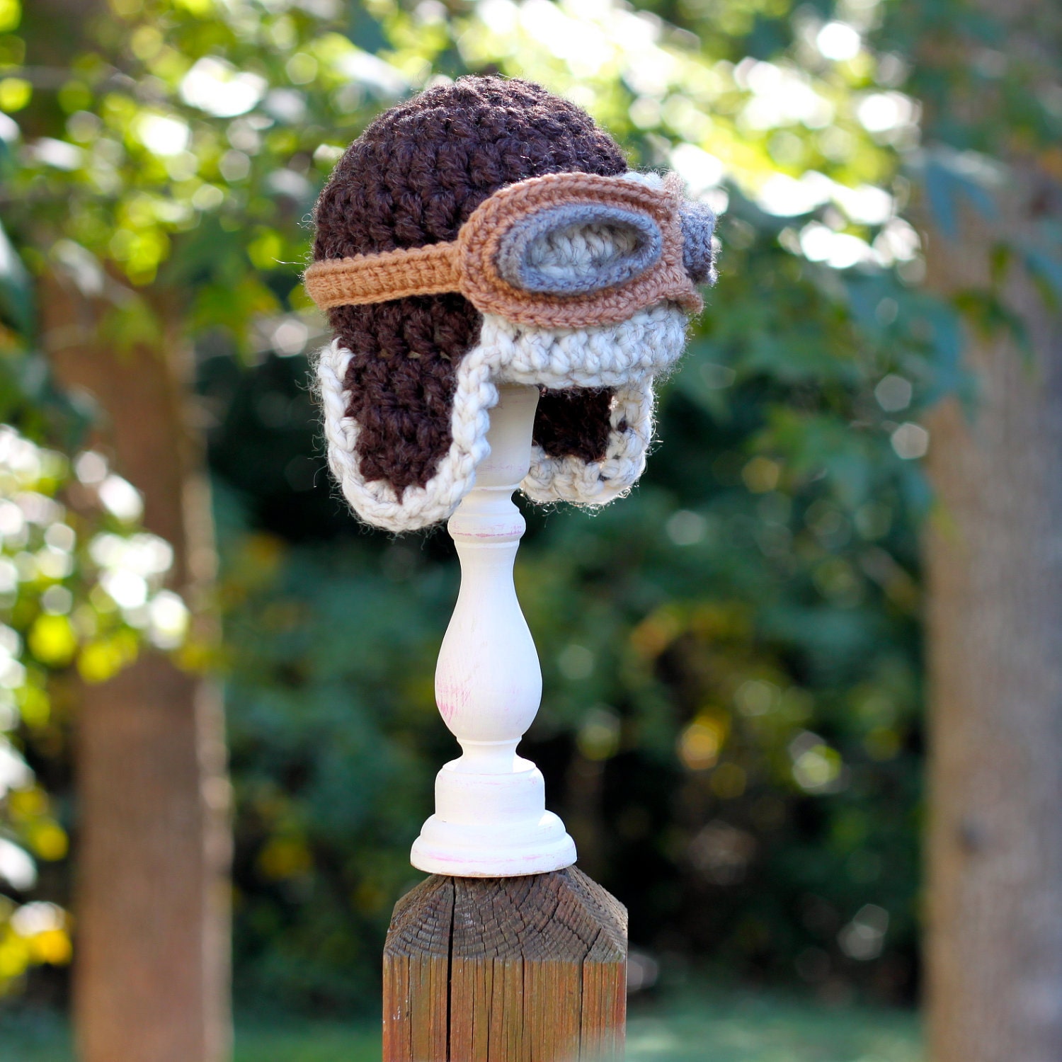 Chunky Crochet Baby Aviator Hat or Photography Prop in Brown and Oatmeal with Flying Goggles - Size NB