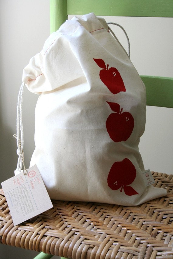 Farmer's Market Produce Bag. Set of TWO. Three Red Apples. Hand screen-printed and handmade.