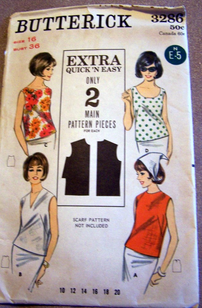 Vintage 60s Sewing Pattern Misses' Blouses Butterick 3286 Size 14 Bust 34 Complete