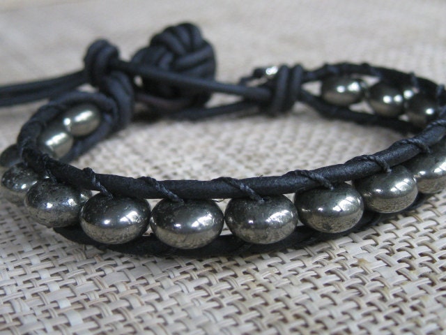 Pyrite on Black Leather Wrap Bracelet