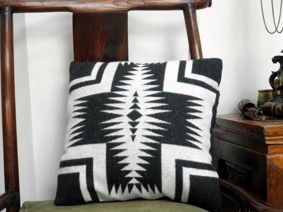 Pendleton Wool Throw Pillow, wool Blanket weight, Navajo , black and white 16x16