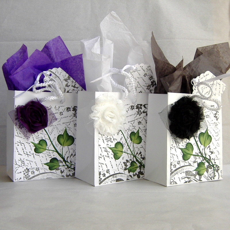 Handpainted  White Gift Bags with Fabric Flowers, Matching Gift Tags, and Printed Background, Set of Three