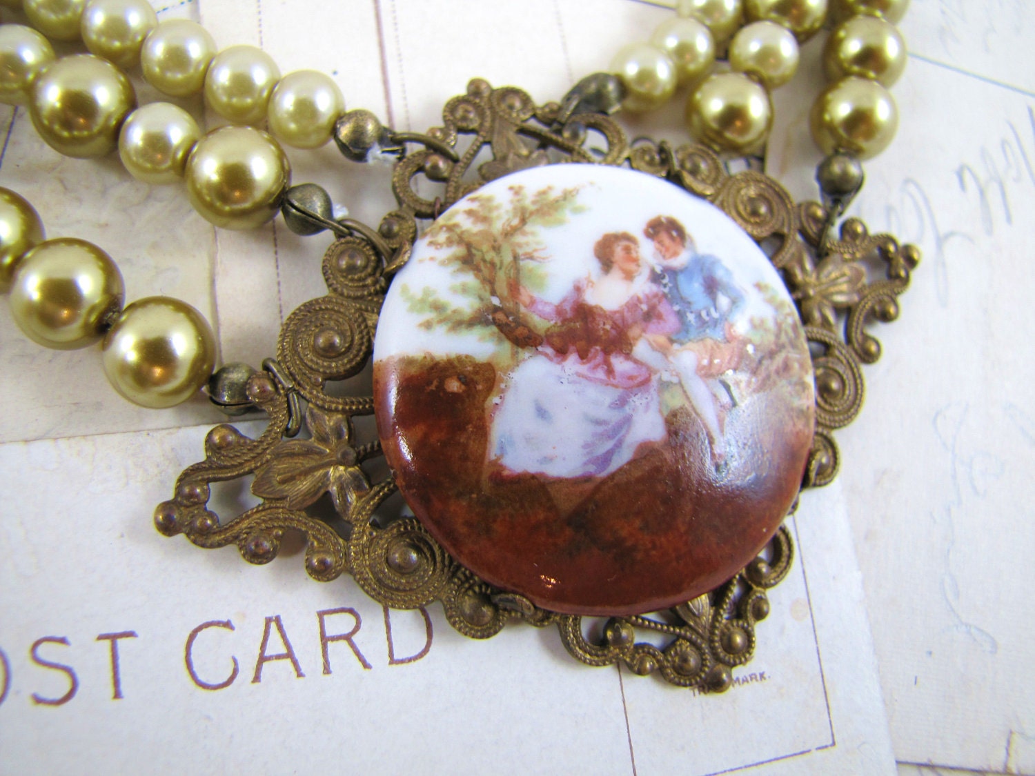 My Autumn Romance- Refashioned vintage hand painted porcelain necklace- French Courting Scene, One-of-a-Kind