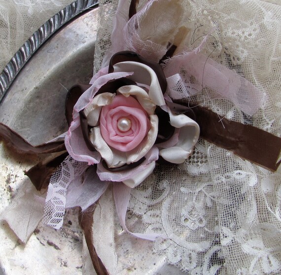 Flower Applique PInk, Cream and Chocolate Brown by My Broken Art on Etsy
