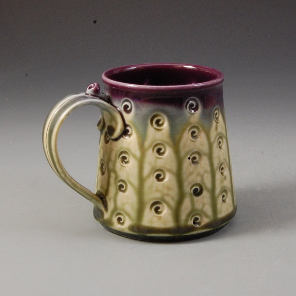 Mug handmade wheel thrown purple eggplant fern green porcelain by Mark Hudak