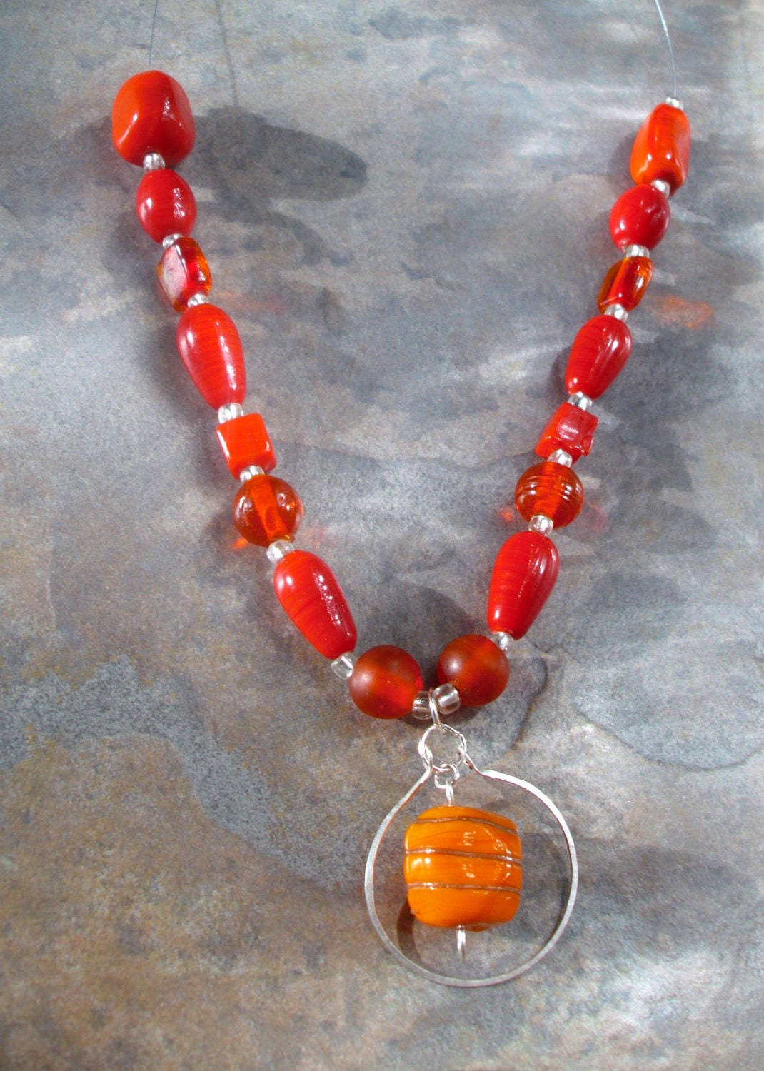 Bead Necklace: Orange Beaded Necklace with Wire wrapping and wire Frame