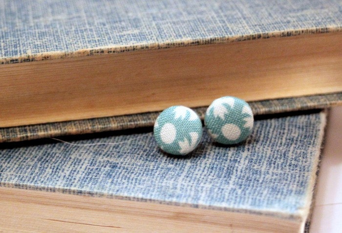 fabric button earrings in aquamarine turquoise