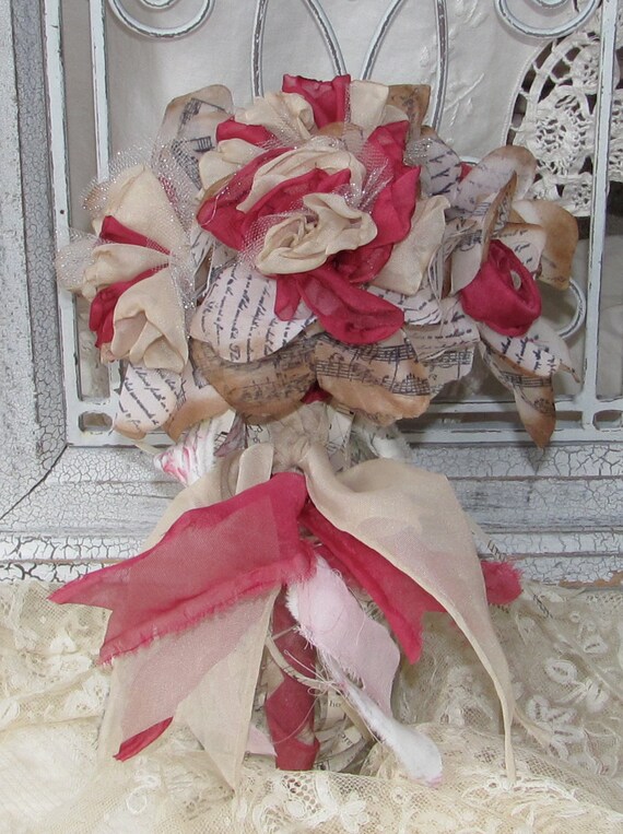 Flower Bouquet Pink and Beige Fabric and Hand stamped petals by My Broken Art on Etsy