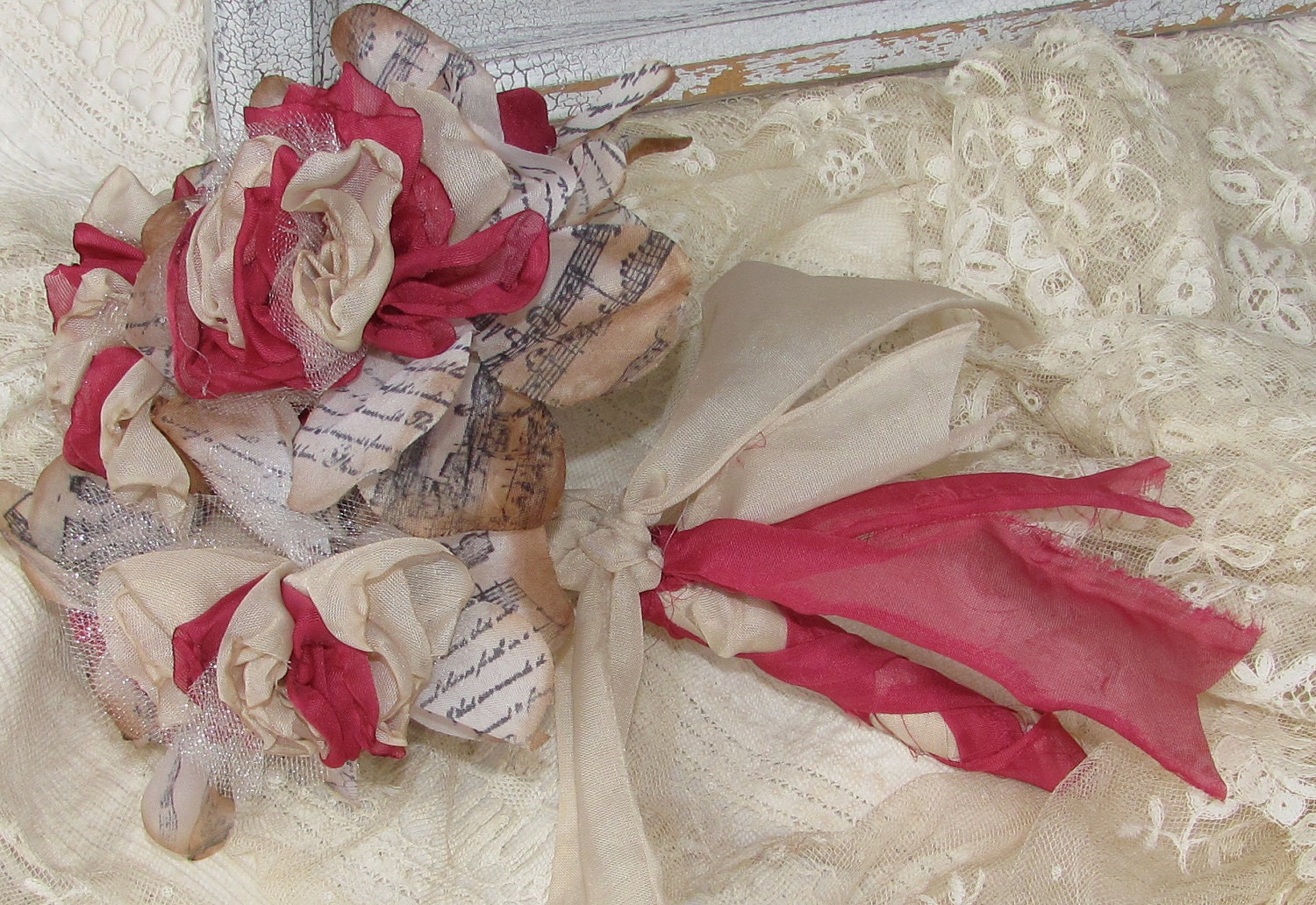Flower Bouquet Pink and Beige Fabric and Hand stamped petals by My Broken Art on Etsy