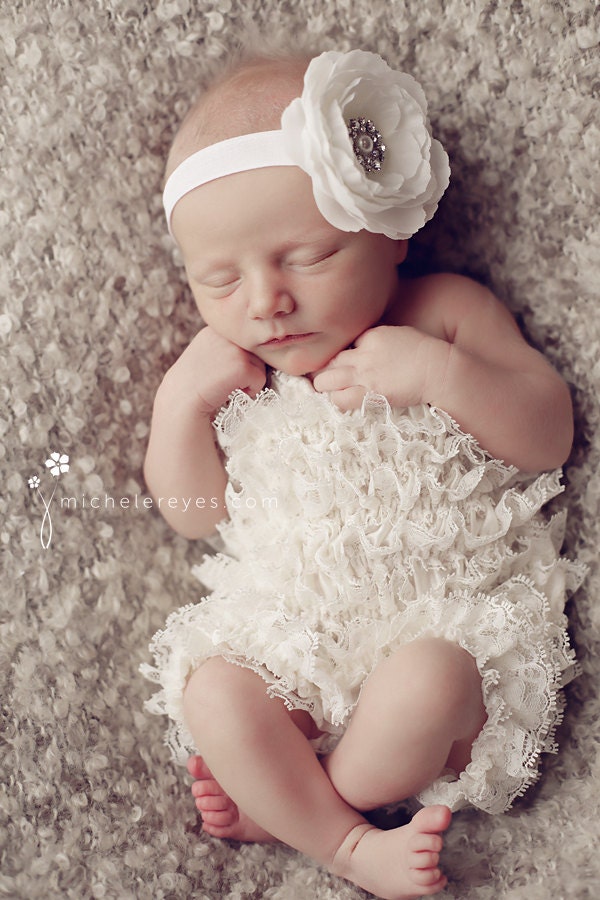 Baby Headband..Baby Girl Headband..Baby Girl Christening or Baptism Headband..Diamond White or Cream Flower with Pearls and Rhinestones