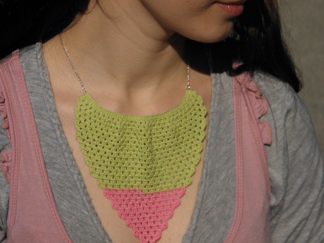 Green and pink crochet lace necklace Mint and Strawberry