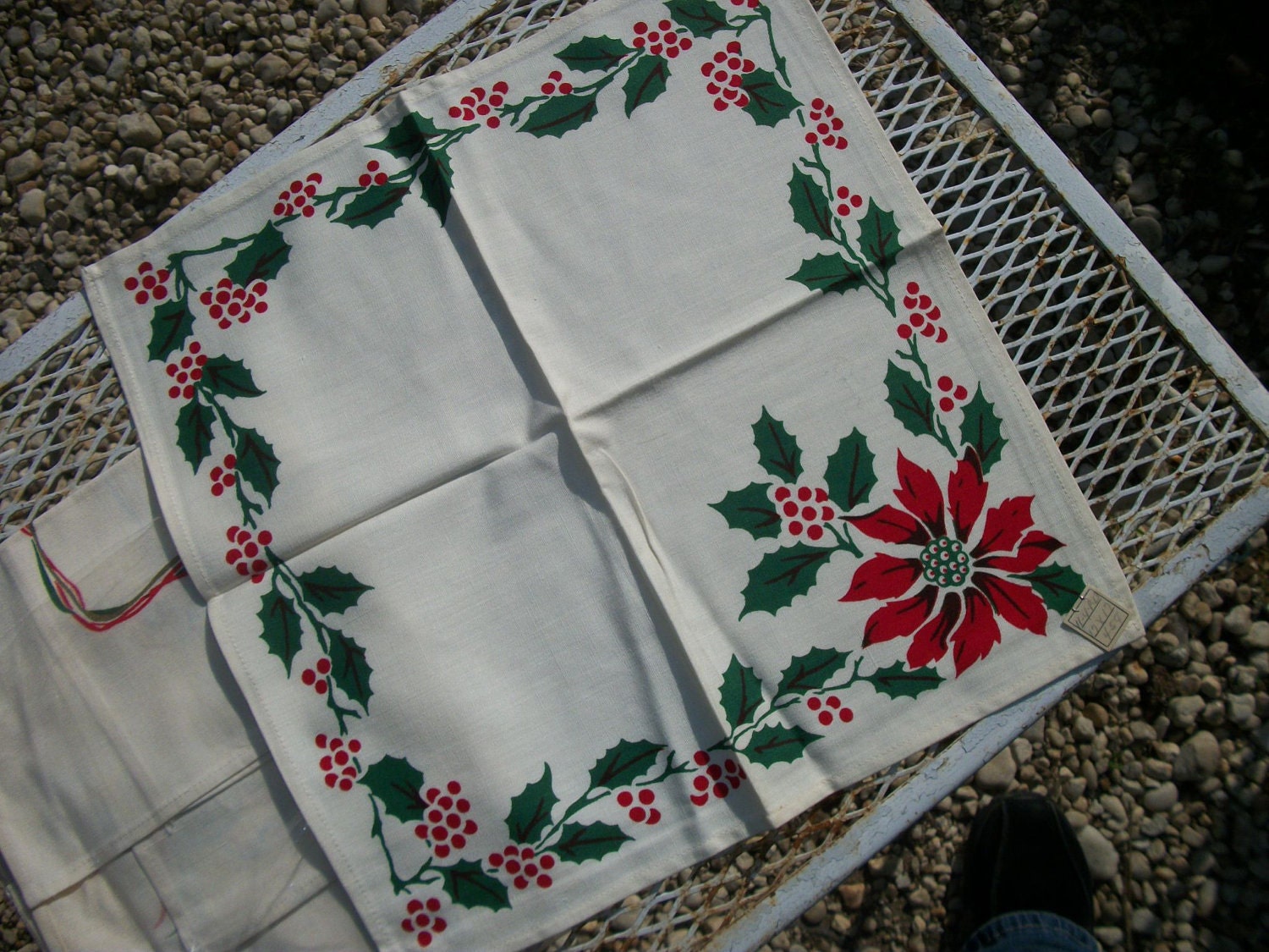 Mid Century Christmas Napkin Set, Linen, Handprinted Poinsettia, Ribbons, Bells