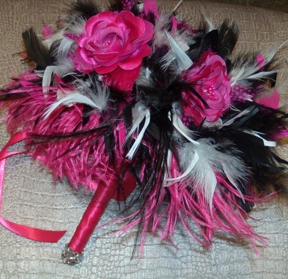Ostrich Feathers & Rose Flowers Bridal Bouquet - Fuchsia, Hot Pink, Black, White Wedding Bouquets - Custom Feather Colors - Large
