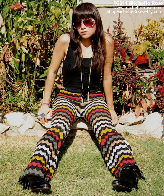A La Missoni Pants - Zig Zag Crochet Knit Pants - Bellbottom Trousers - Drawstring Ribbon - Made to Order in Your Size - by Michelle Rose
