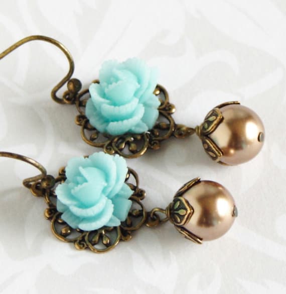 Aqua Flower Earrings With Light Bronze Glass Pearls, Brass Earrings, Sweet Gift Free Shipping