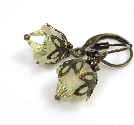 Lemon Gumdrop, Flower Earrings, Vintage Style Jewelry, Yellow, Swarovski