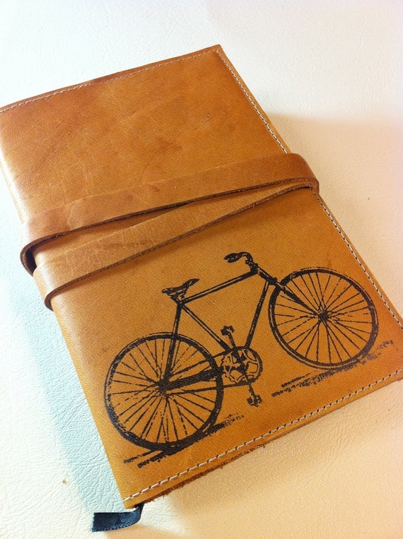 leather journal sketchbook handprinted for you custom bicycle