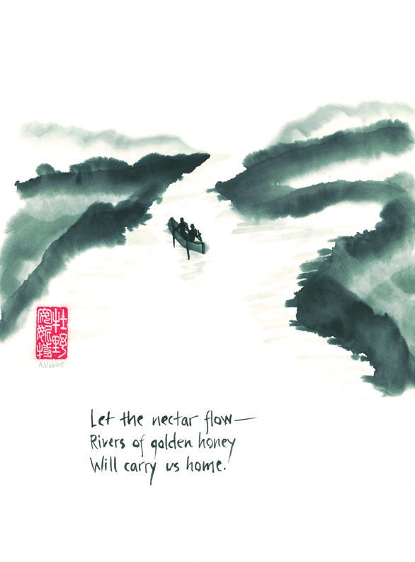 Love and life journey card - blank 5x7 greeting card - Couple floating down river - haiku and sumi ink painting