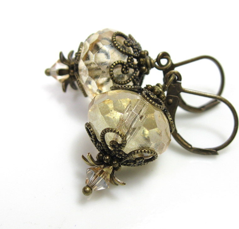Champagne Vintage Style Earrings, Swarovski, Czech Glass, Antiqued Brass