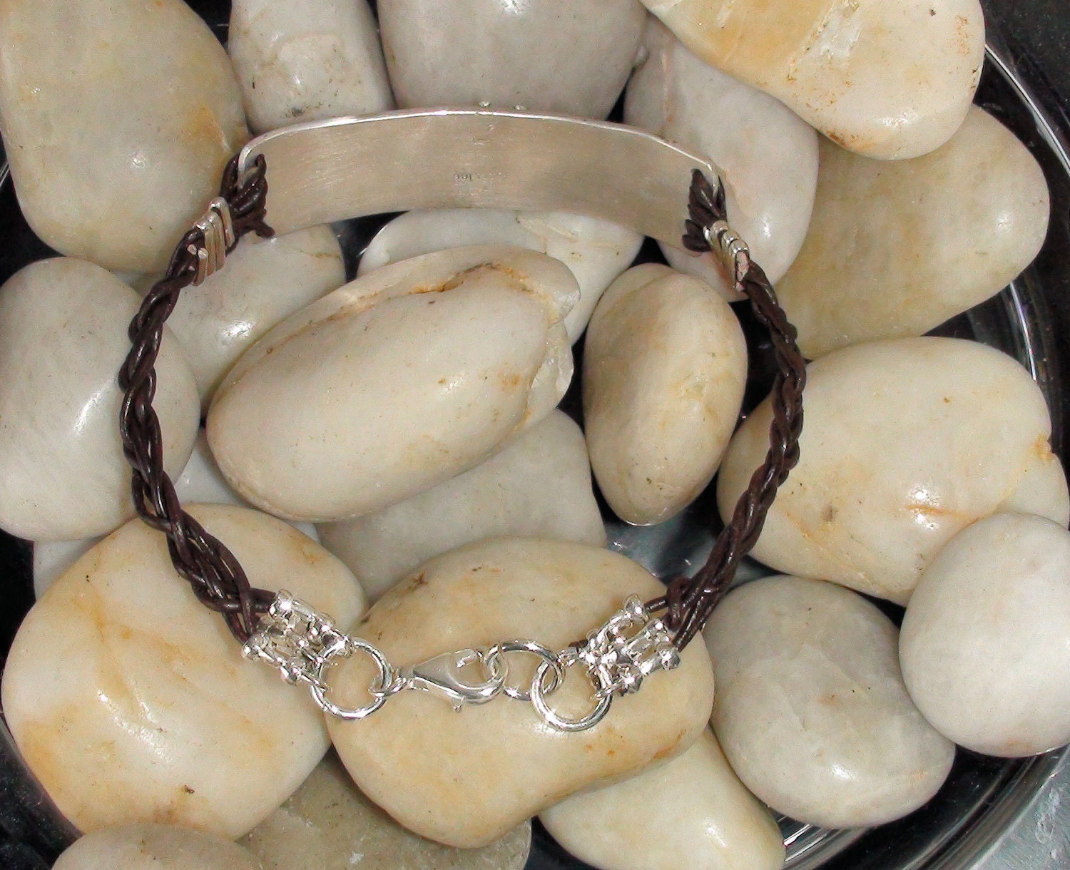 Braided Leather Sterling Bar Sunburst Friendship Bracelet.