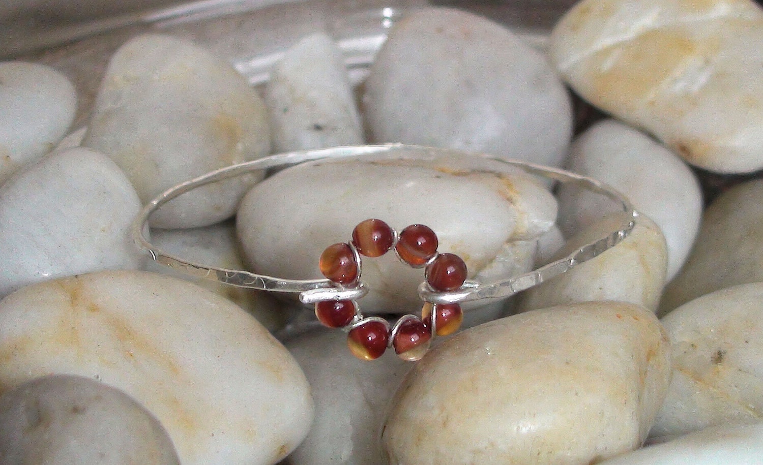 Agate Bead Circle Bangle Bracelet, Dainty Bangle Bracelet, Gemstone Circle Bangle