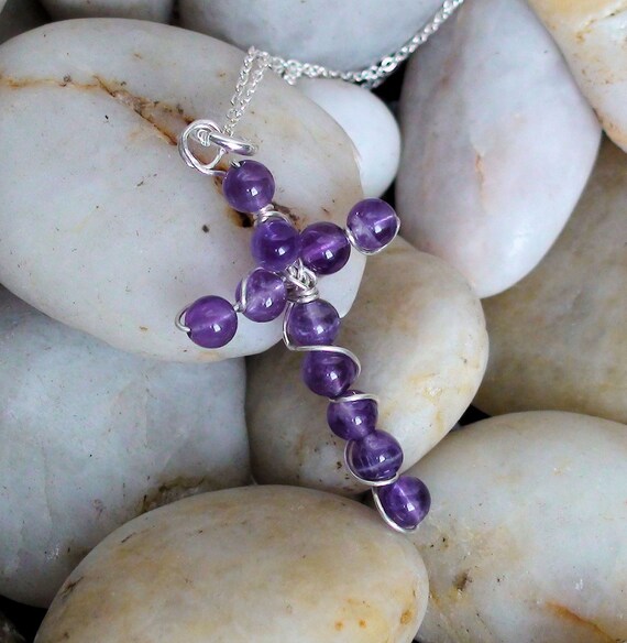 Beaded Amethyst Sterling Silver Wire Cross Necklace