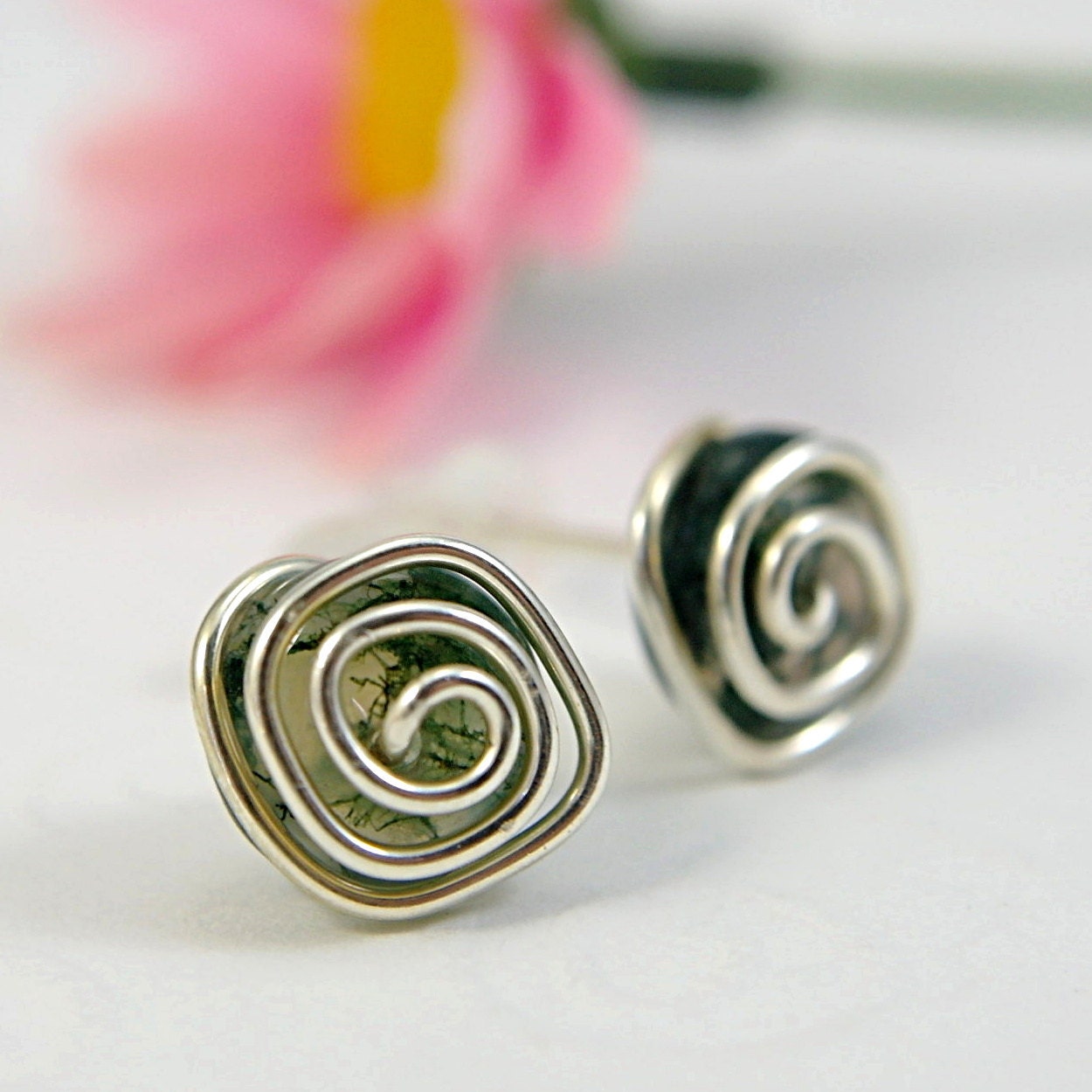Green post earrings sterling moss agate gemstone