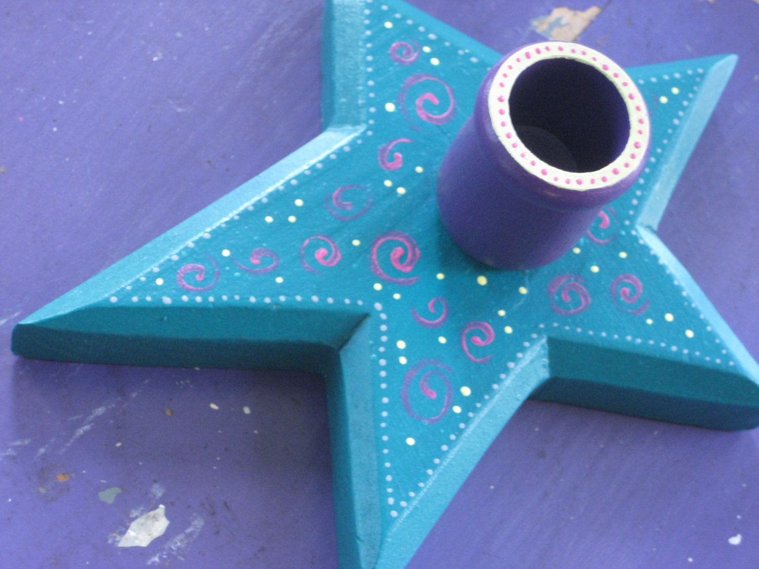 Christmas Star Candle Holder - Teal and Purple - Whimsical Upcycled Folk Art
