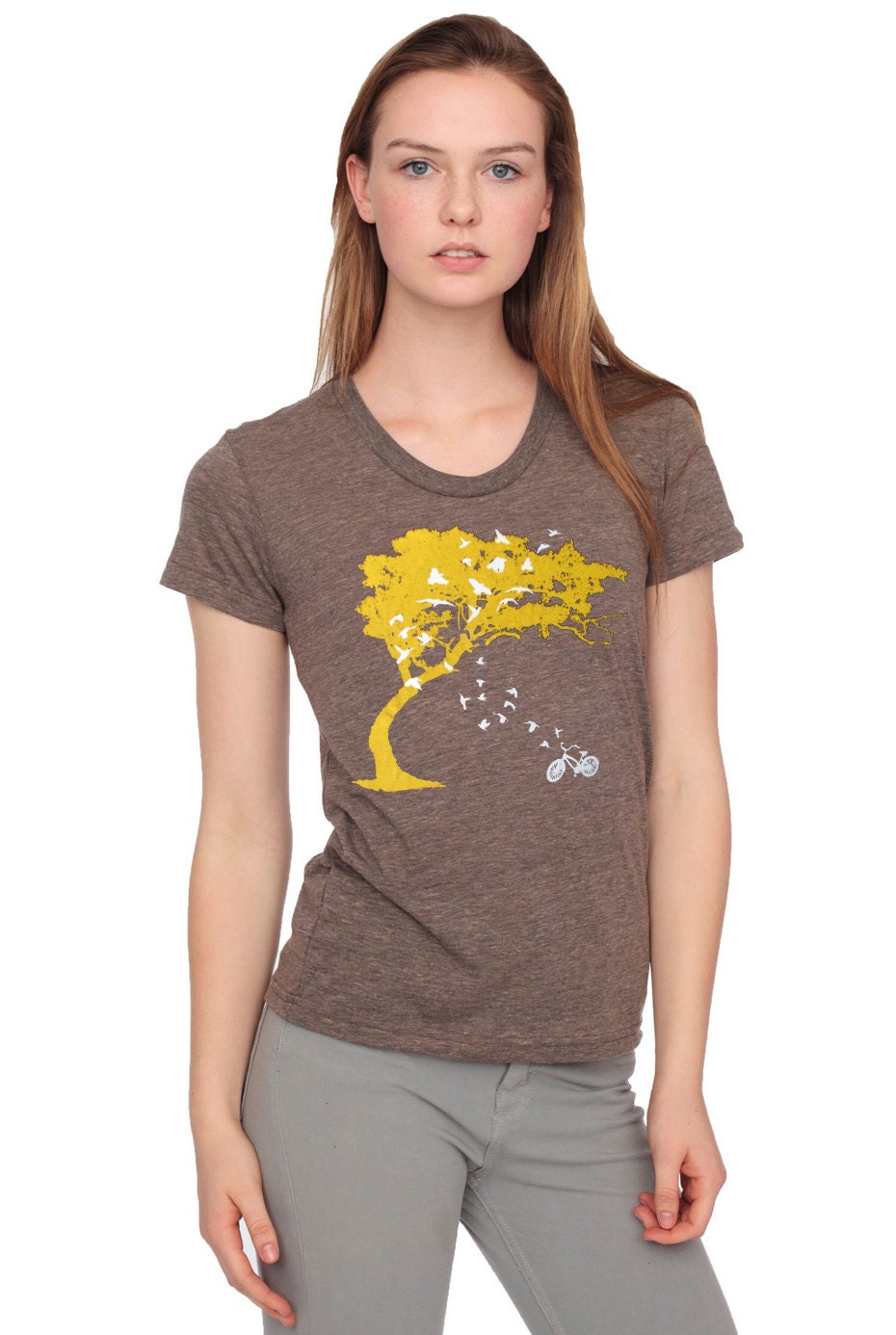 birds bicycle and tree- women's scoop track t shirt american apparel- coffee brown- available in S, M, L WorldWide Shipping