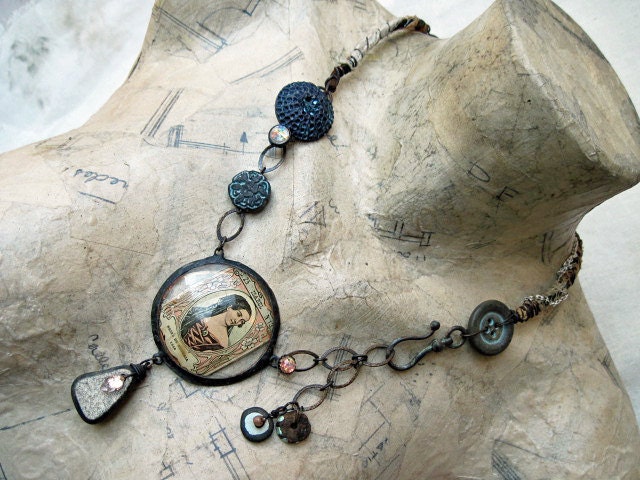 Queen Isabel. Rustic Victorian Tribal Mixed Media Assemblage Necklace.