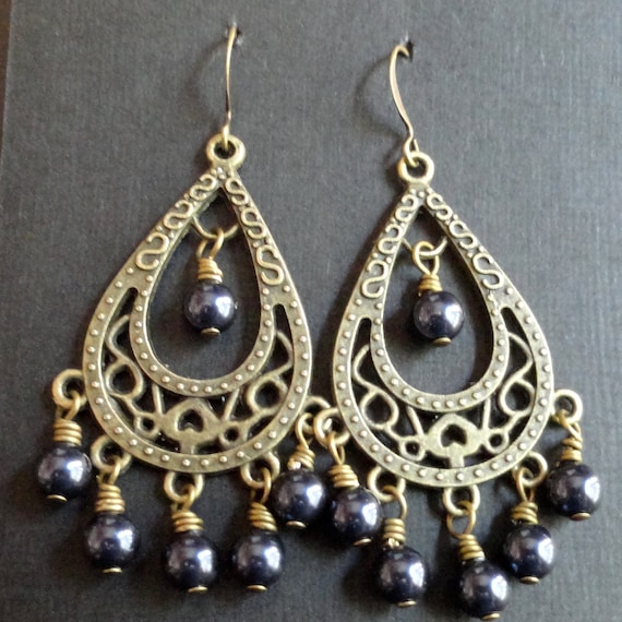 Wire Wrapped Earrings Blue Pearl and Antique Brass, Large Teardrop Chandelier Earrings