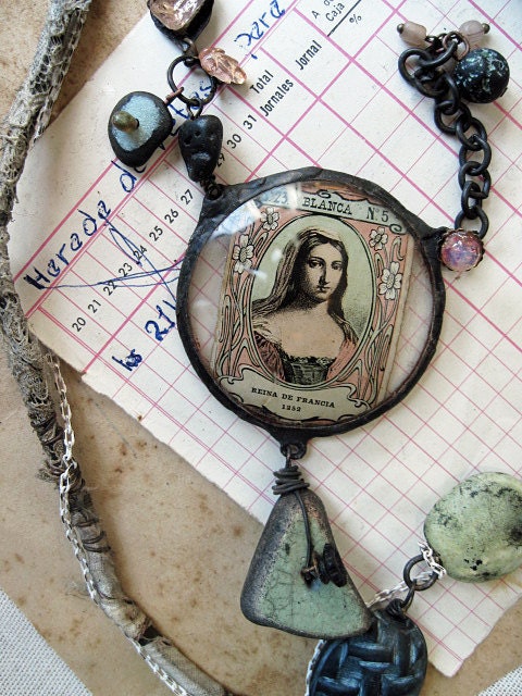 Blanca, Queen of France. Rustic Victorian Tribal Mixed Media Assemblage Necklace.