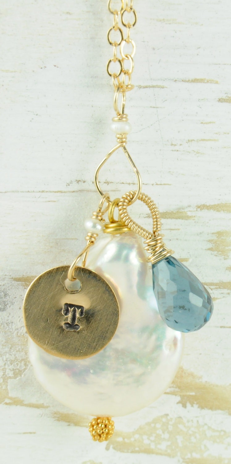 Personalized Initial Charm Necklace , Holiday Gifts, Stocking Stuffers, pearls and London Blue Topaz Necklace