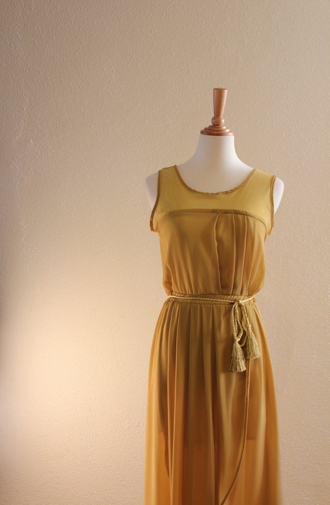 Greek Goddress Romantic Dress in Chiffon Vintage Mustard Sleeveless Vintage with Tassels Rope Belt