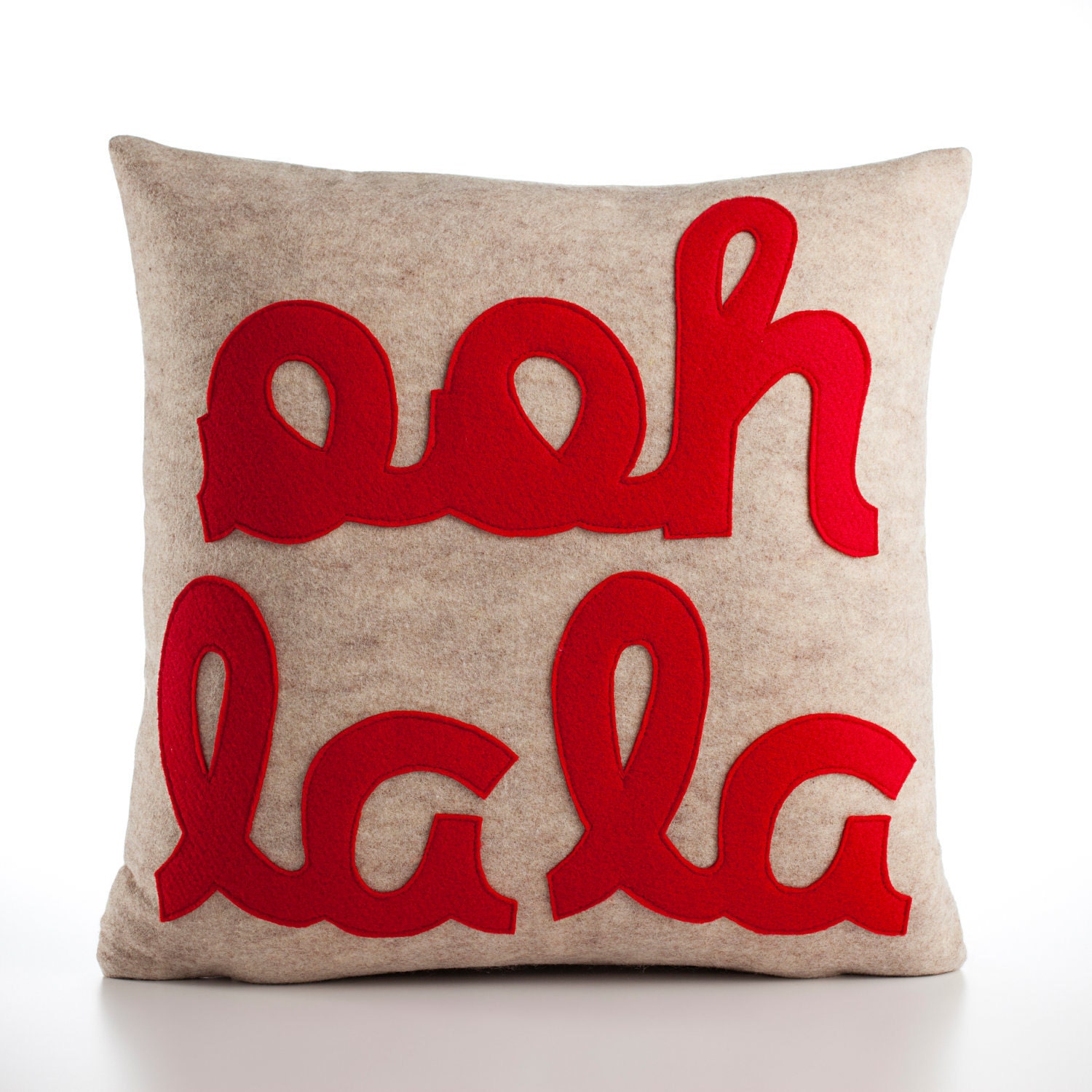 Ooh la la 22x22inch pillow recycled felt applique pillow - oatmeal and red