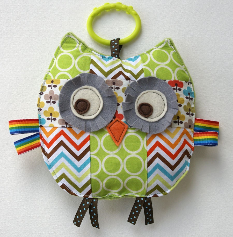 Rupert the Patchwork Owl Crinkle Toy comes with Teething Ring Link - Great Baby Boy Gift