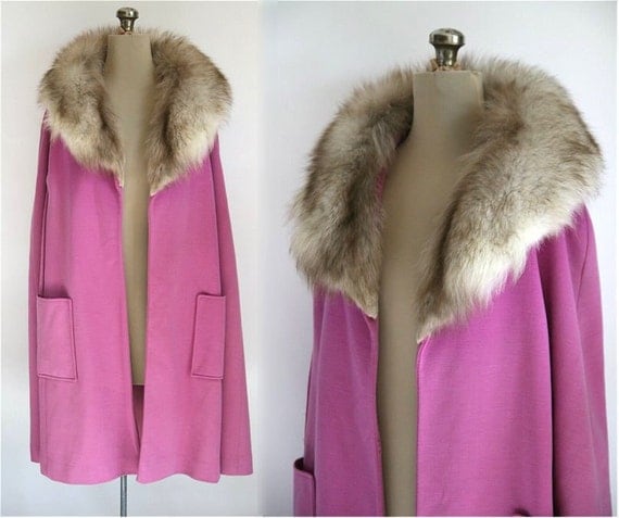 Vintage '70s Wool Cape with Fur Collar, Pink XS / S/ M / L / XL