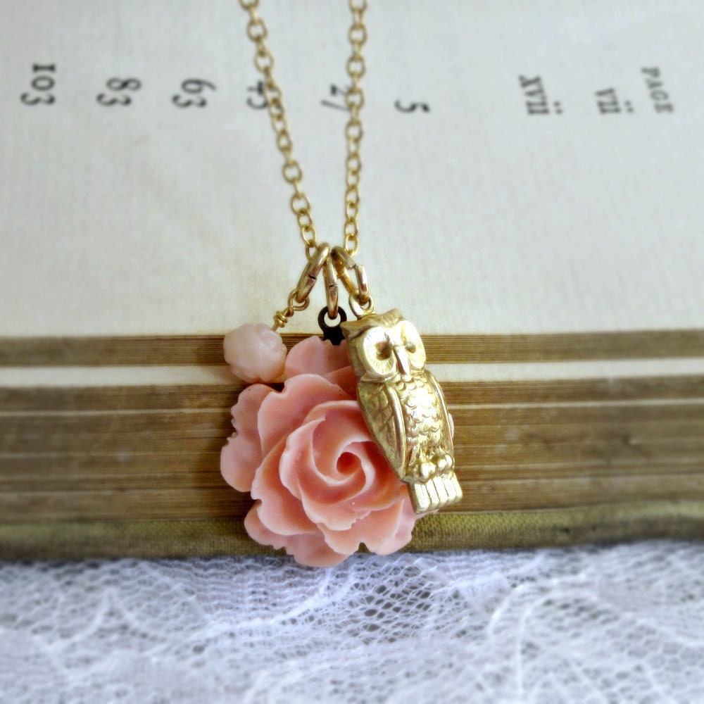 Owl Charm Necklace Flower Rose Peach Whimsical Hostess Woodland - The Owl and the Rose