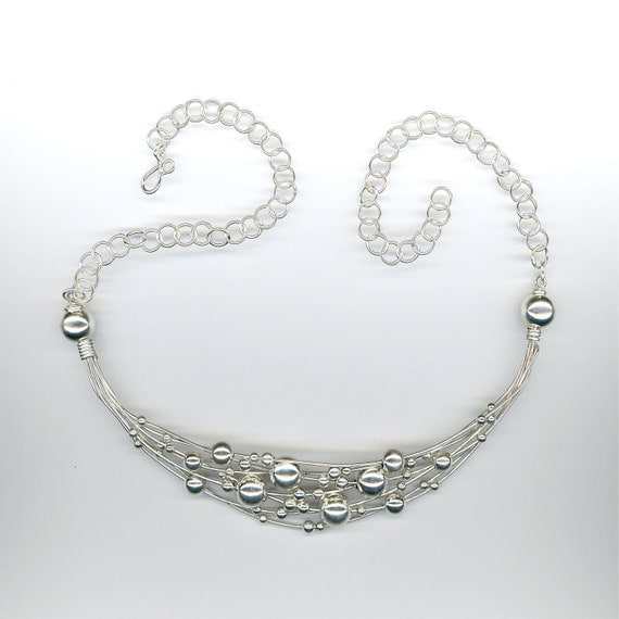 Sterling Silver Metal Beaded Wire Wrapped Metalwork Chain Link Necklace