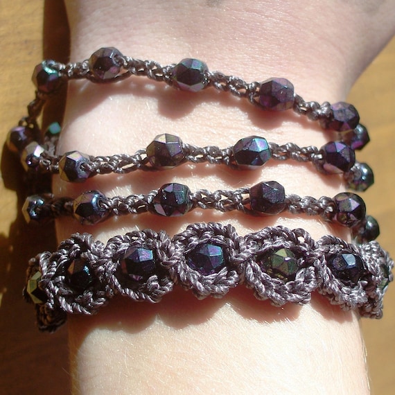 Crochet Jewelry, Bohemian Bracelet, Dark Browns and Purple "Gypsy Delight" - adjustable
