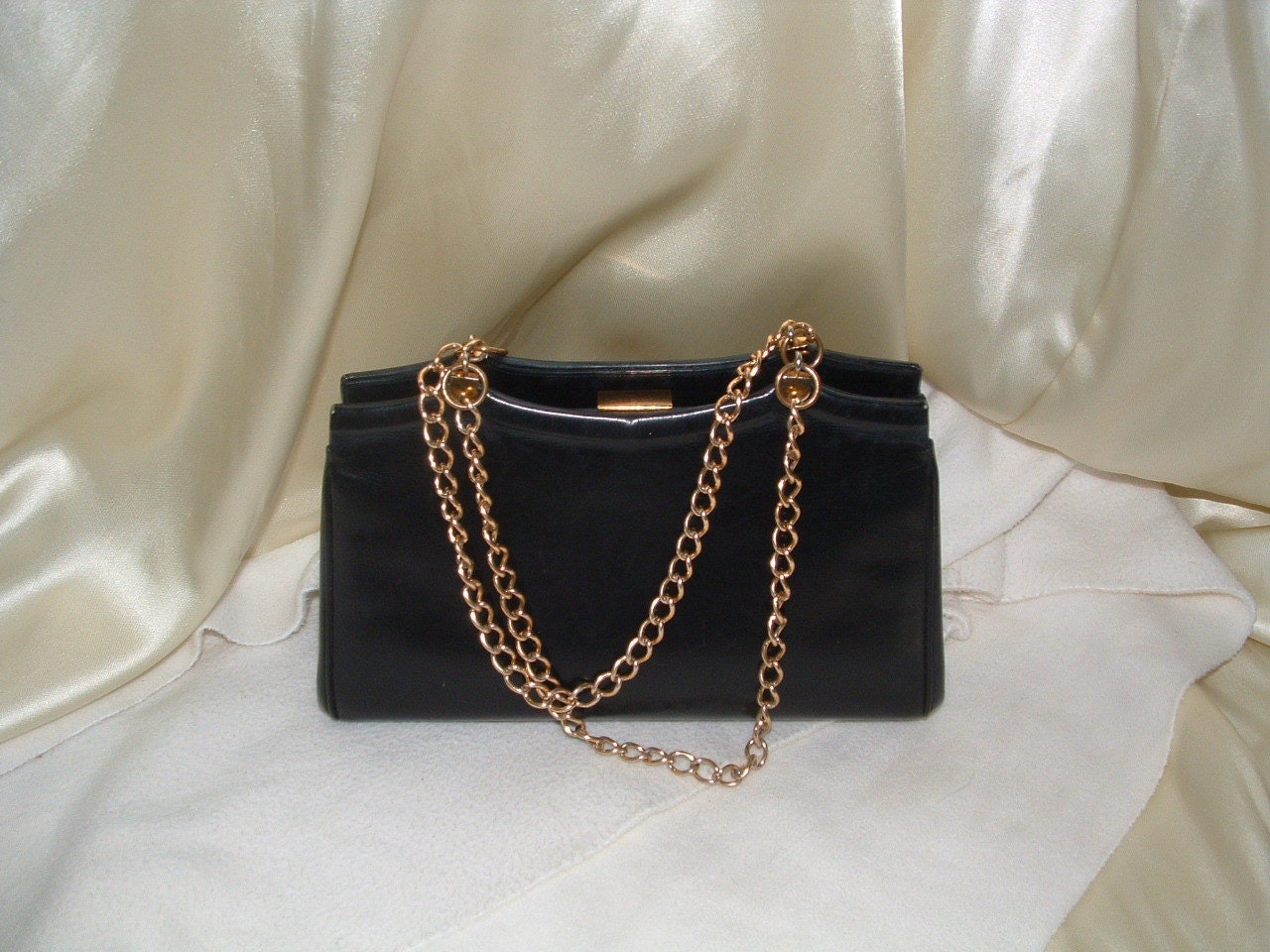 Koret, Vintage Black Leather Handbag with Gold-tone Chains.