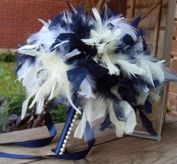 Feather Bridesmaid Bouquets Pale Yellow Navy Blue and White or Custom 